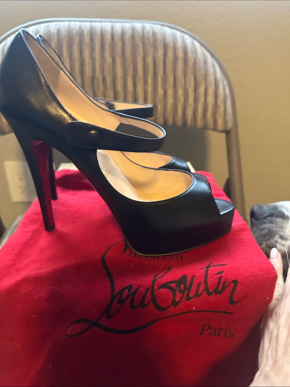 Christian Louboutin Black Leather Peep-Toe Mary Jane Pumps - Picture 2 of 5